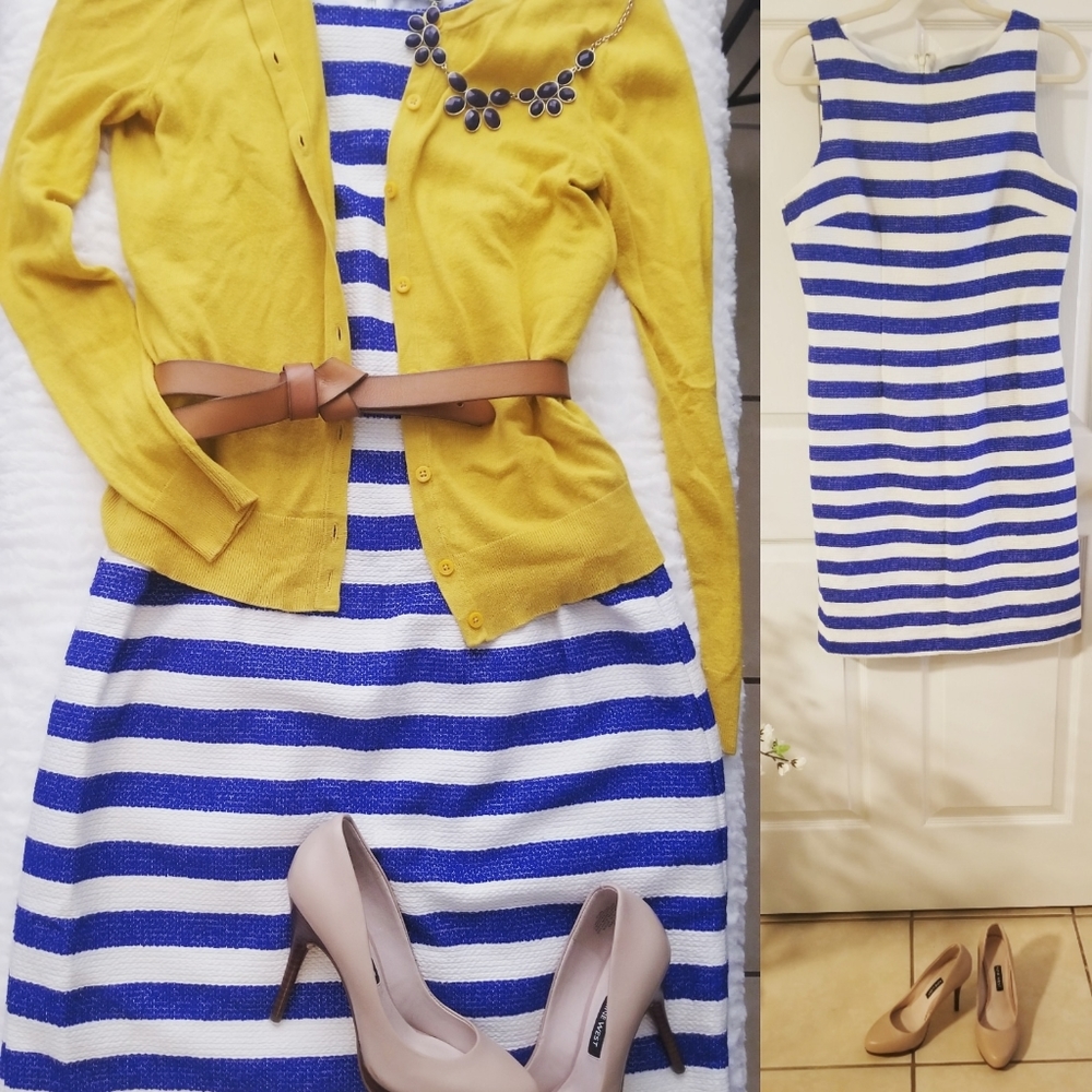 White sleeveless dress with blue lines